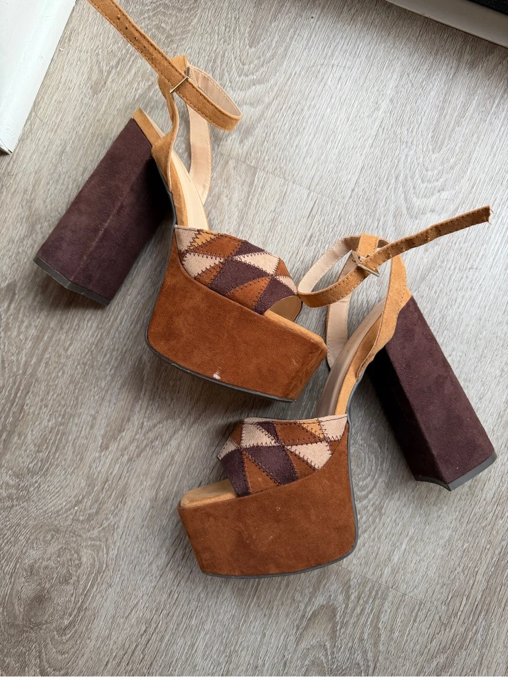 BAMBOO Brown and Tan Patchwork Platform Block Heels
